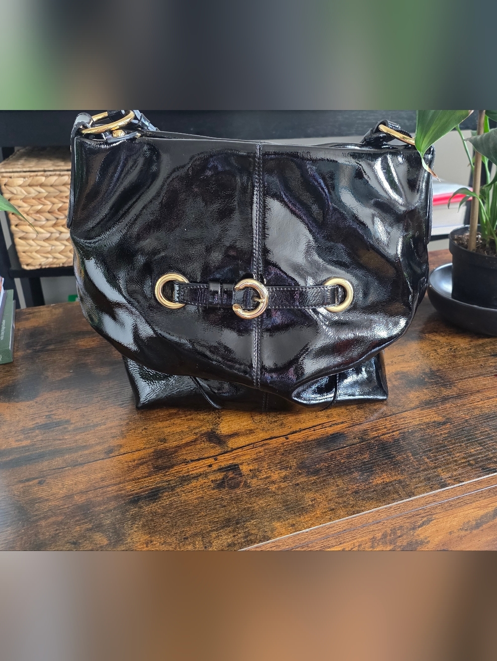 Francesco Biasia Black High Gloss Patent Leather Large Hobo Bag
